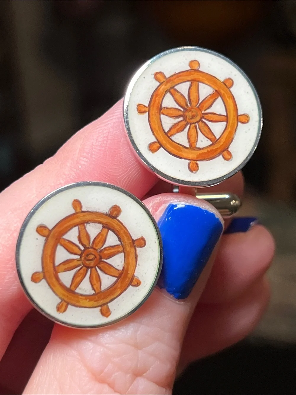 VTG Italian Handpainted Nautical Ship Wheel Enamel Sterling Silver Cufflinks